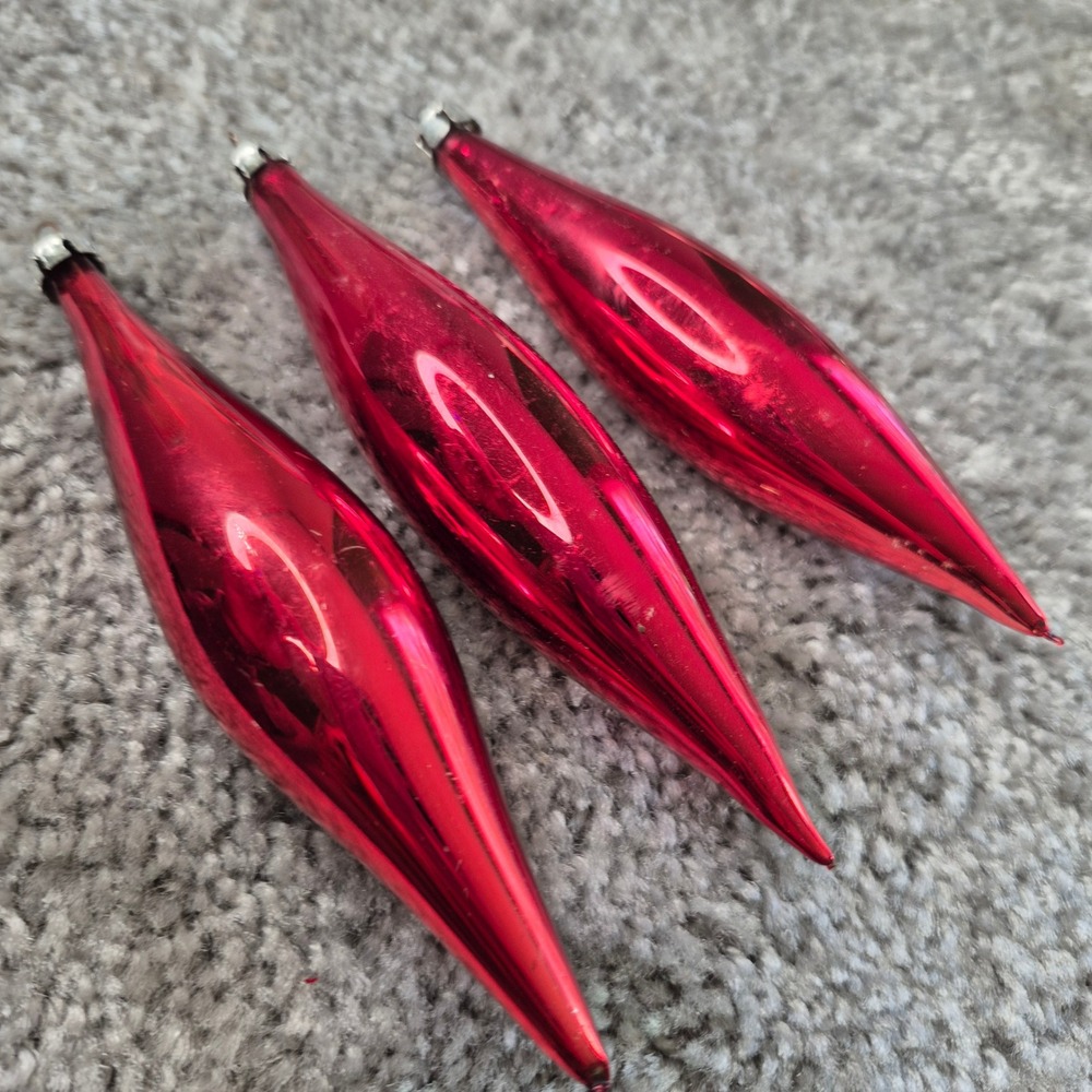 Vintage Red Mercury Glass Teardrop Christmas Ornaments Set of 3 Torpedo Finial